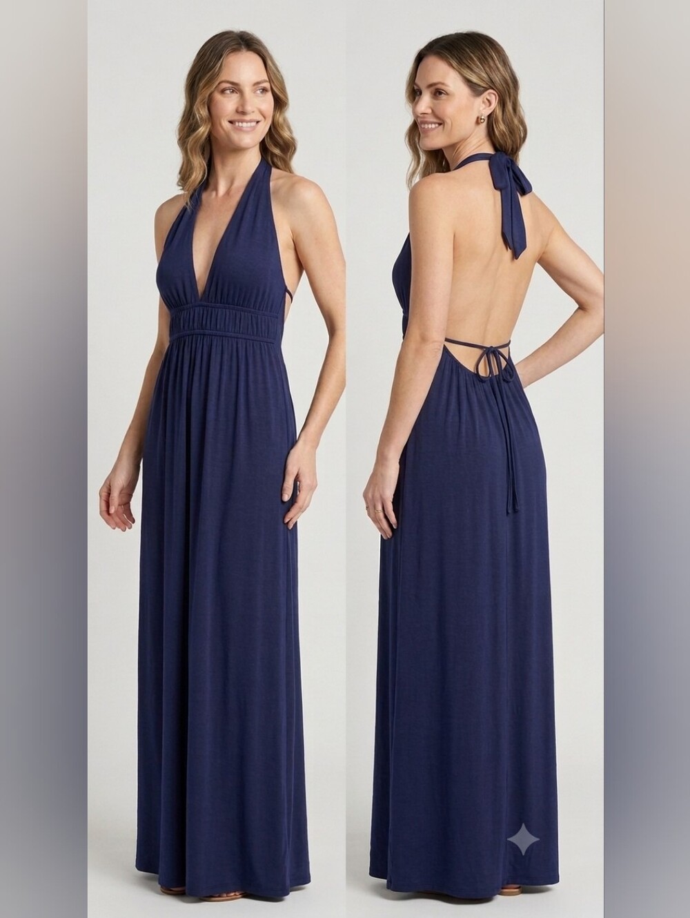 Navy Halter Backless Knit Maxi Dress - Women Size Small